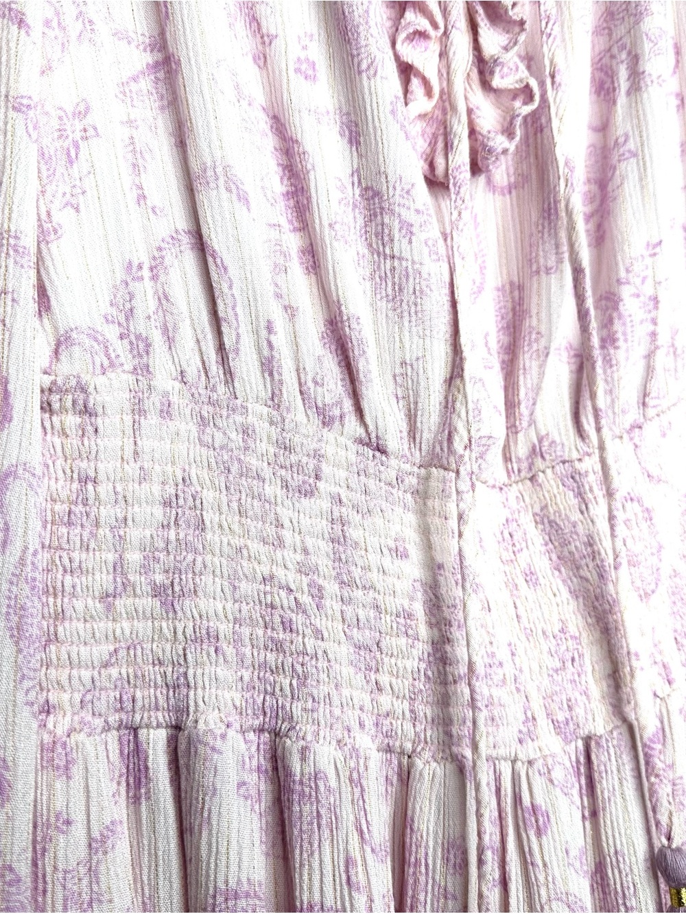 House of Harlow 1960 Boho Paisley Smocked Mini Dress S Lilac Puff Sleeve - Picture 7 of 14